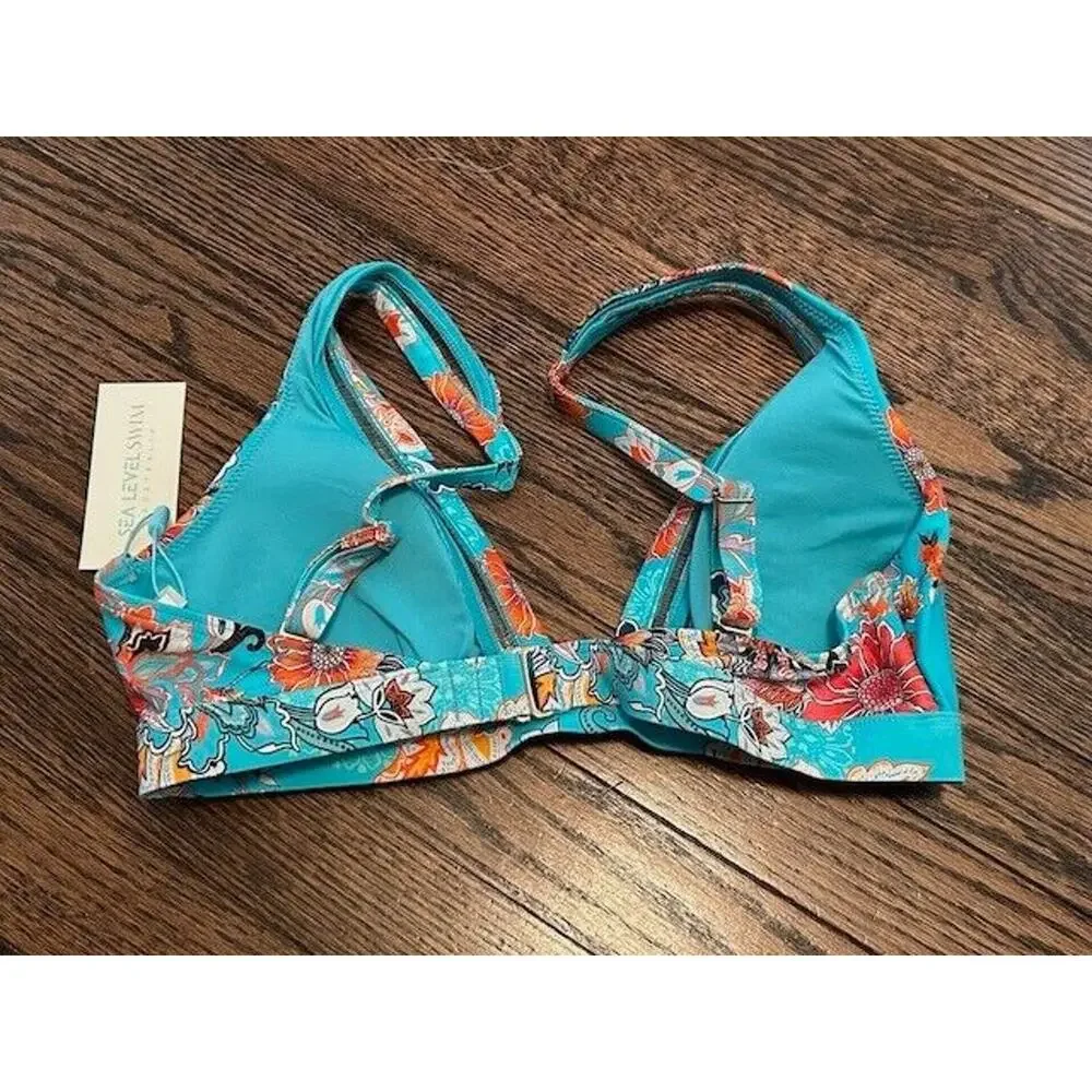 Sea Level Australia Dominica Triangle Bikini Top Luminous Trim Floral Aqua‎ Sz 4